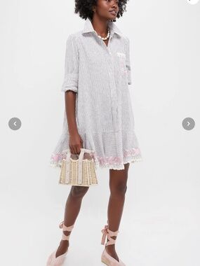 Tuckernuck Tan Stripe Embroidered Floral Callahan Shirt Dress XS